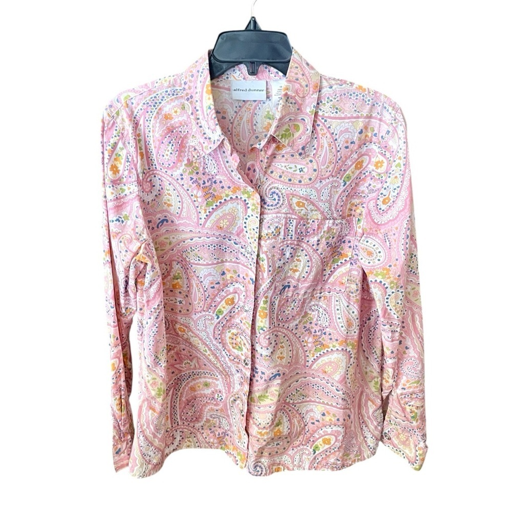 Alfred Dunner long sleeve paisley cotton button top 10 pink white multi spring